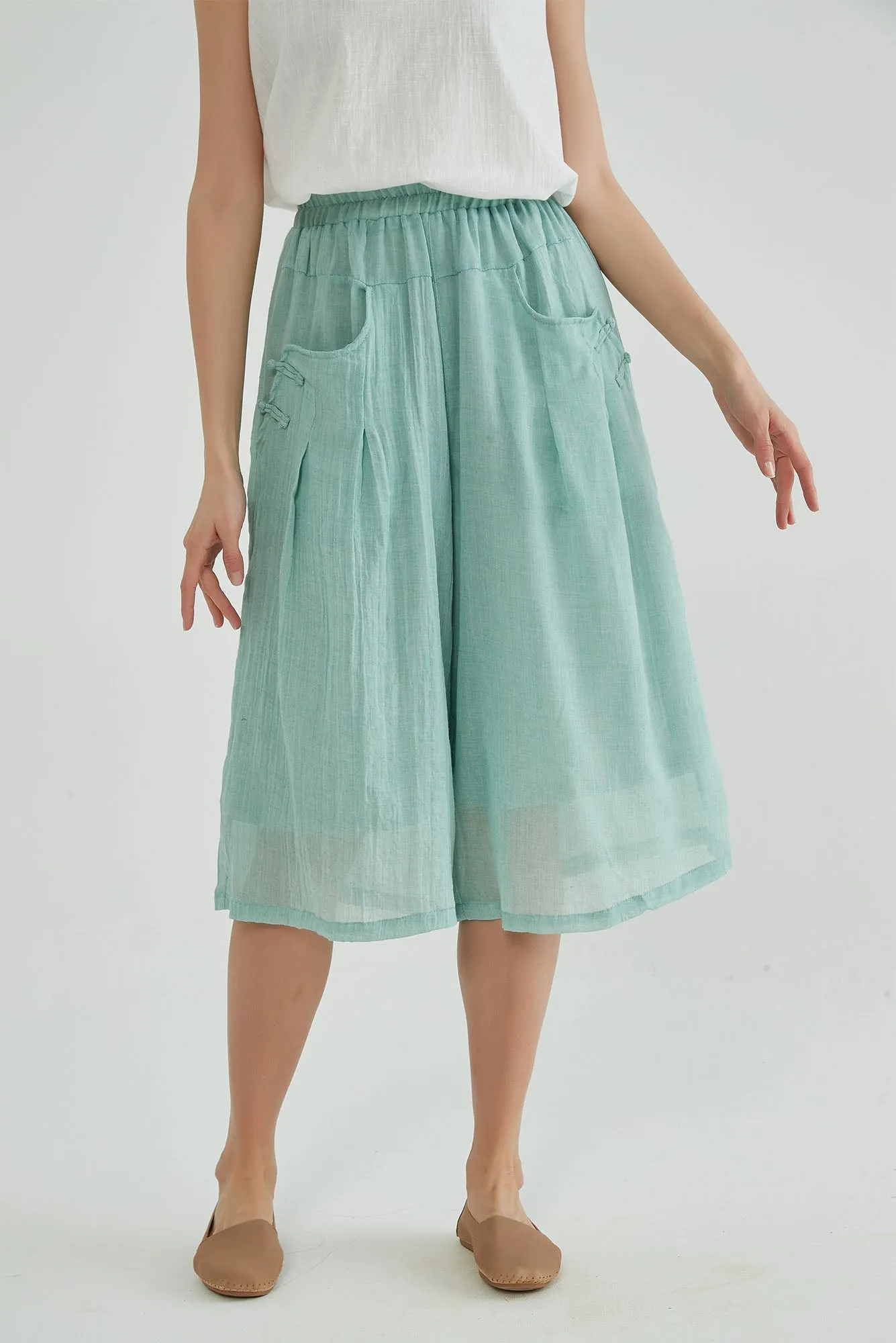 Shadow Green Wide Leg Cropped Linen Pants