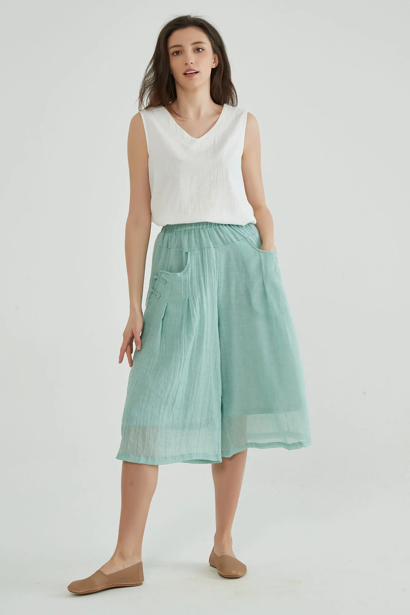 Shadow Green Wide Leg Cropped Linen Pants