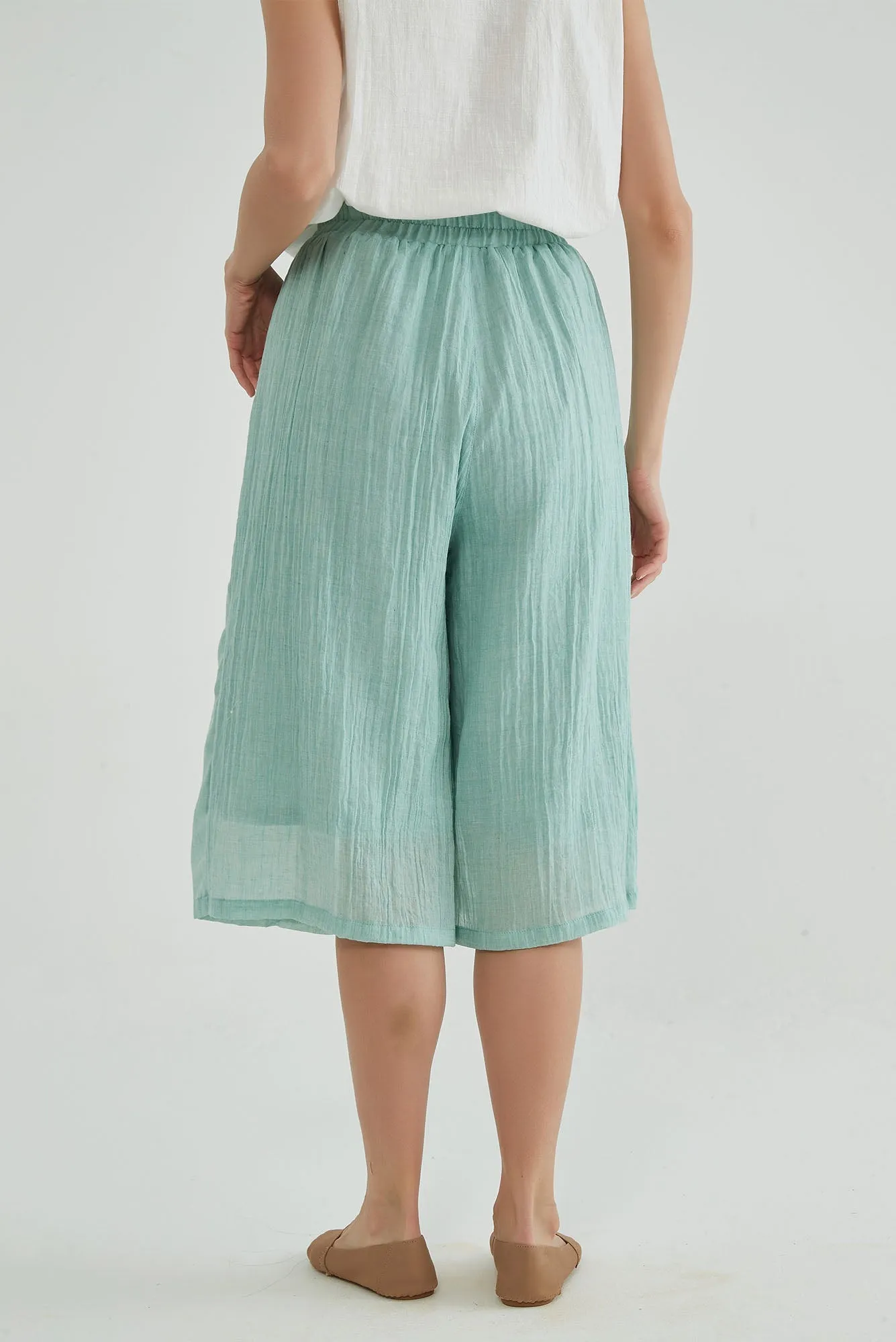 Shadow Green Wide Leg Cropped Linen Pants