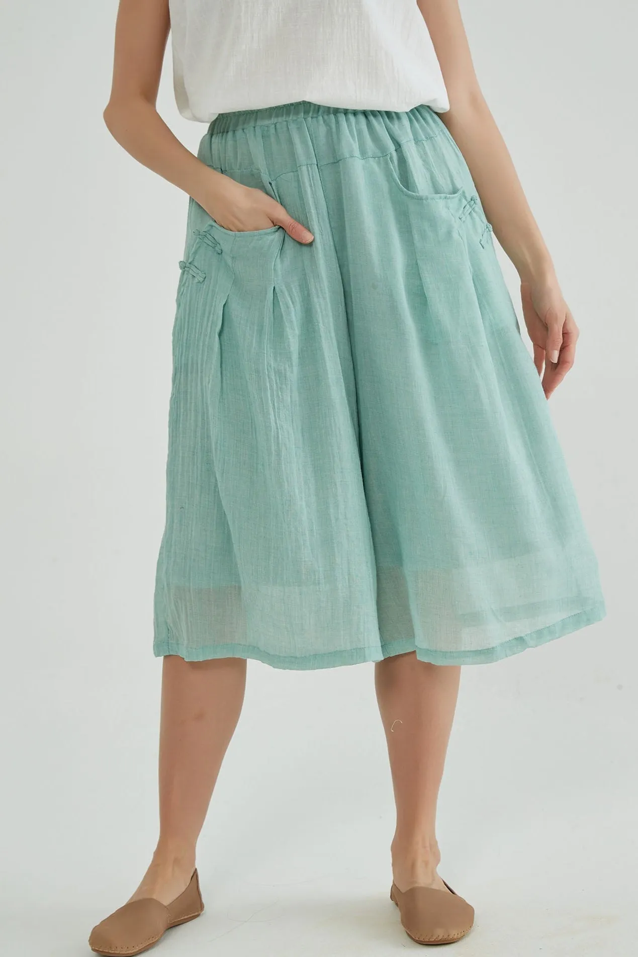 Shadow Green Wide Leg Cropped Linen Pants
