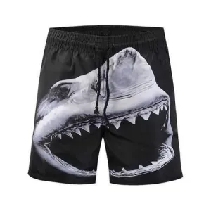 Shark Print Side Pocket Drawstring Beach Shorts - Black M