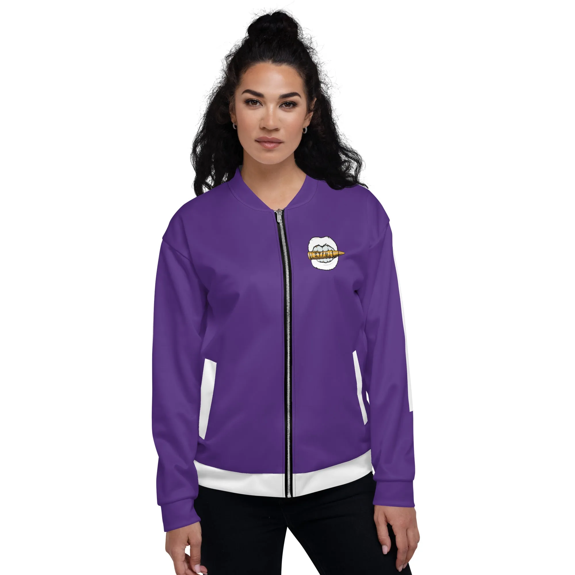 Simple White Unisex Bomber Jacket - Purple