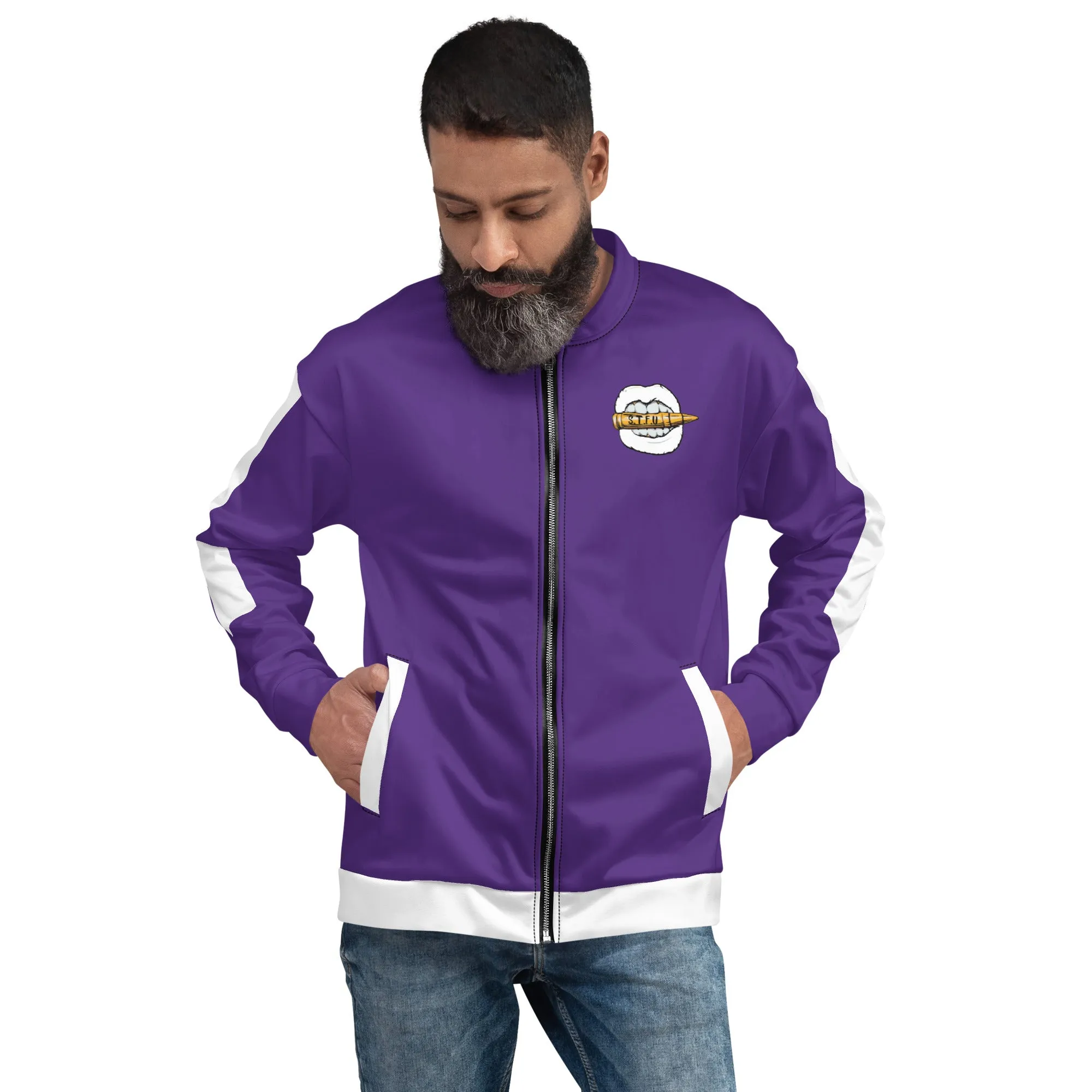 Simple White Unisex Bomber Jacket - Purple