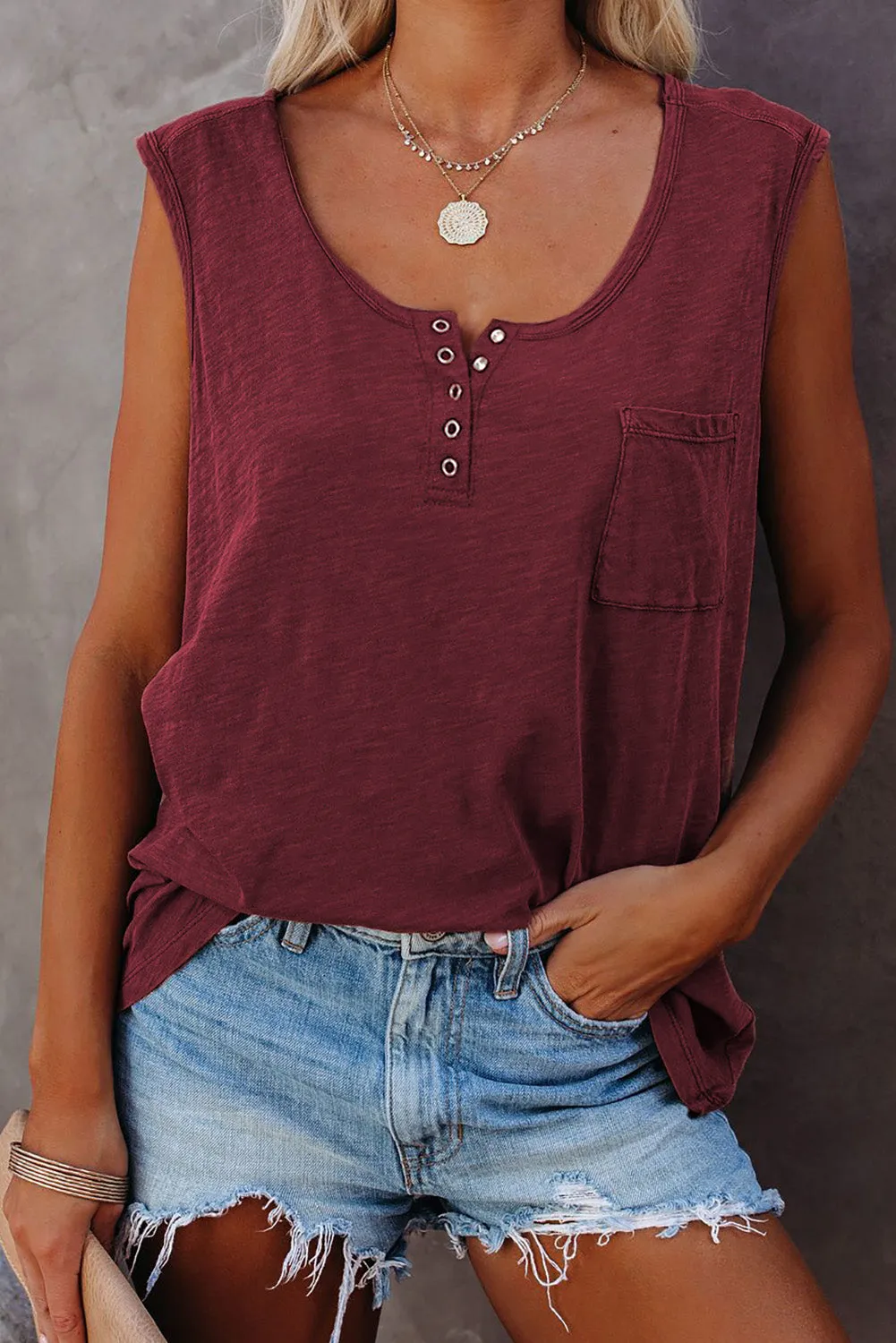 Snap Buttons Scoop Neck Tank with Pocket