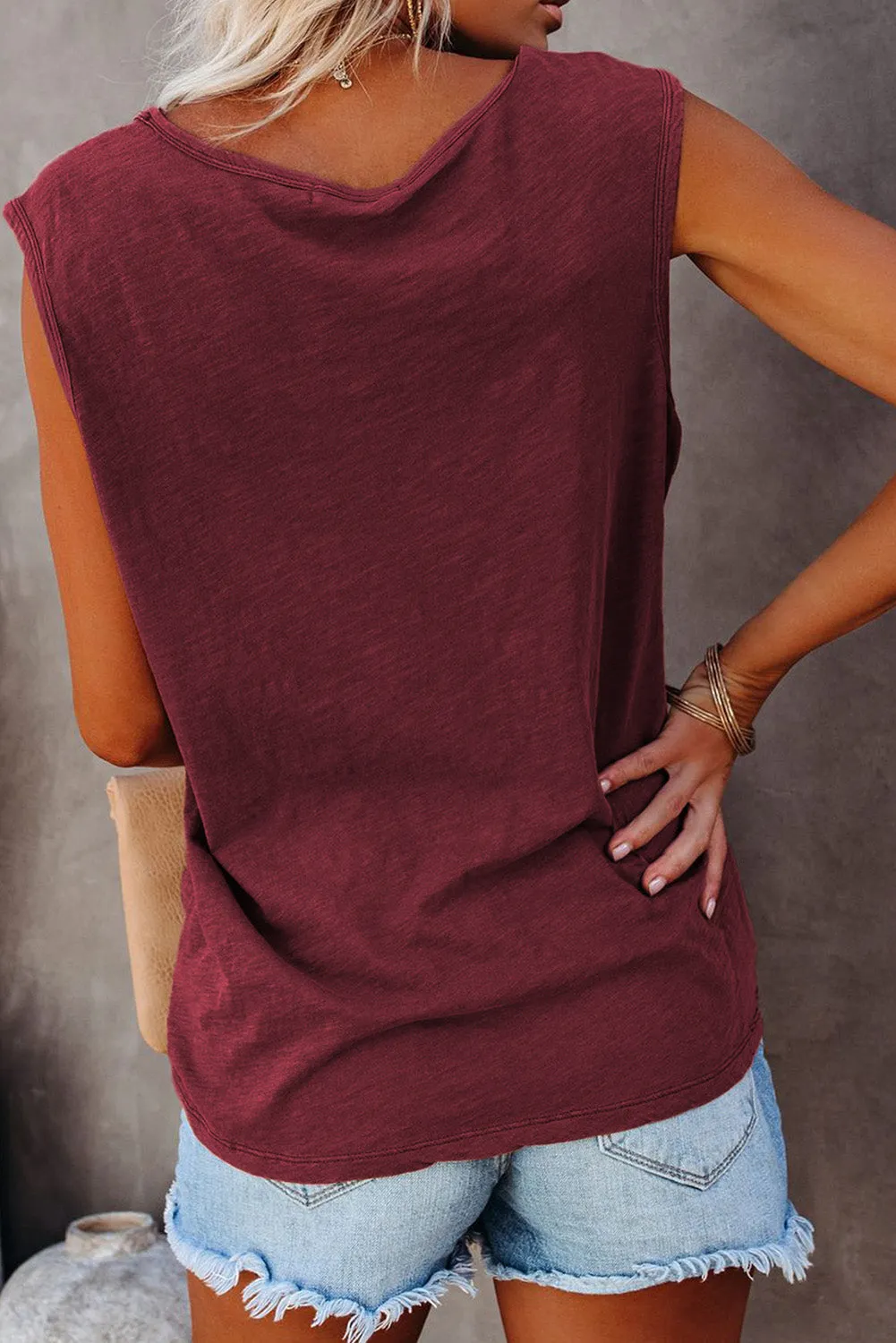 Snap Buttons Scoop Neck Tank with Pocket