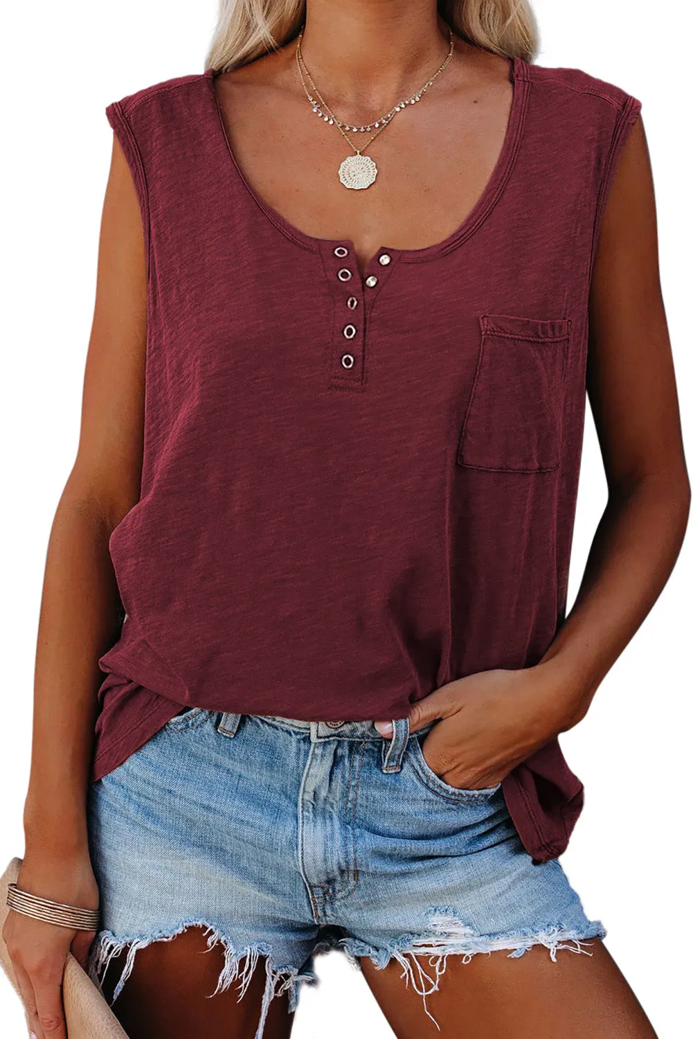 Snap Buttons Scoop Neck Tank with Pocket