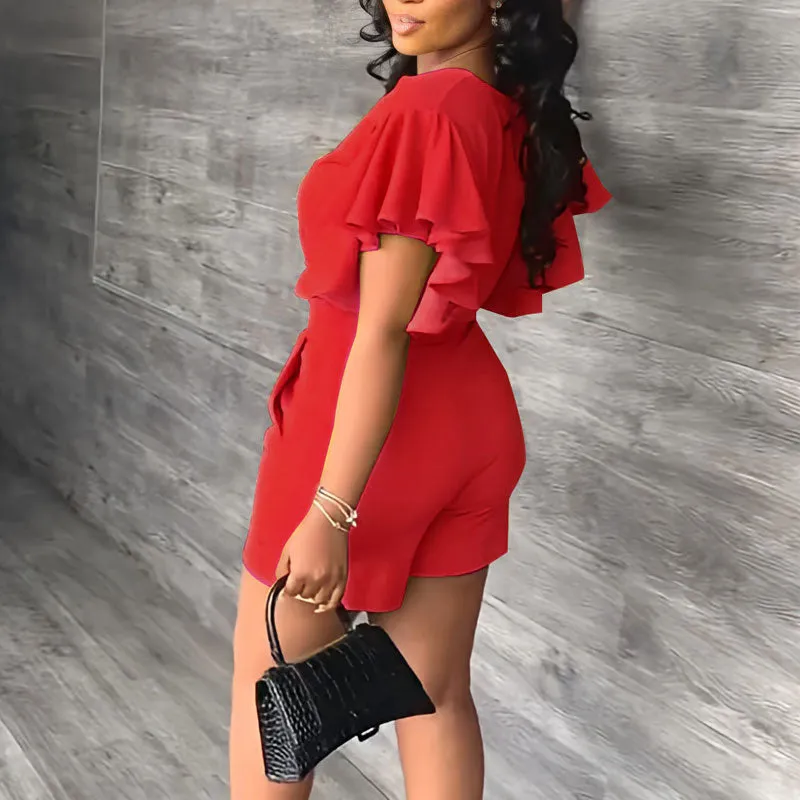 Solid V-Neck Ruffles Crop Top & Shorts Set