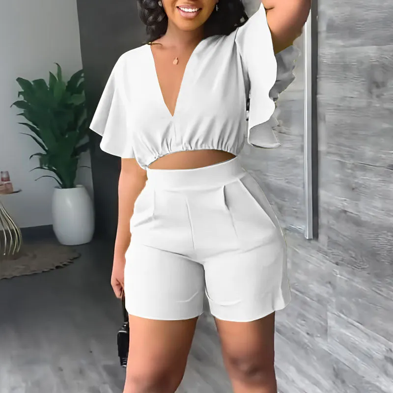 Solid V-Neck Ruffles Crop Top & Shorts Set