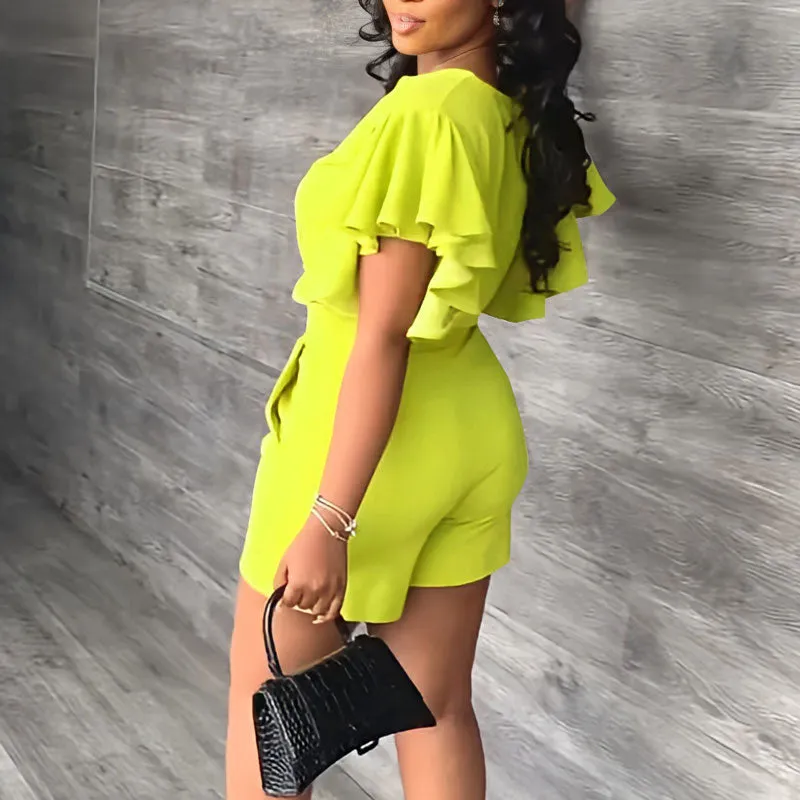 Solid V-Neck Ruffles Crop Top & Shorts Set