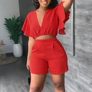 Solid V-Neck Ruffles Crop Top & Shorts Set