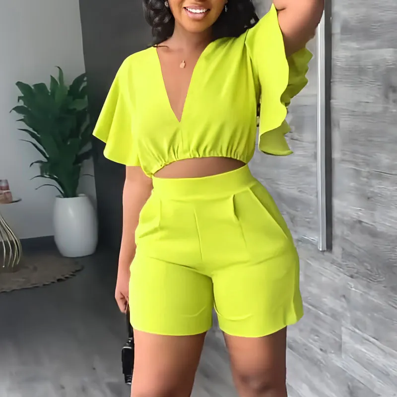 Solid V-Neck Ruffles Crop Top & Shorts Set