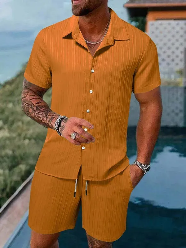 Spring/Summer Men’s Polo Casual Sports Suit with Striped Cardigan & Drawstring Shorts