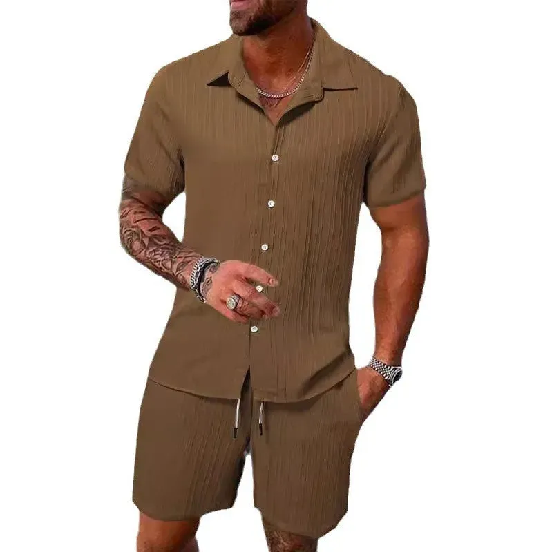 Spring/Summer Men’s Polo Casual Sports Suit with Striped Cardigan & Drawstring Shorts