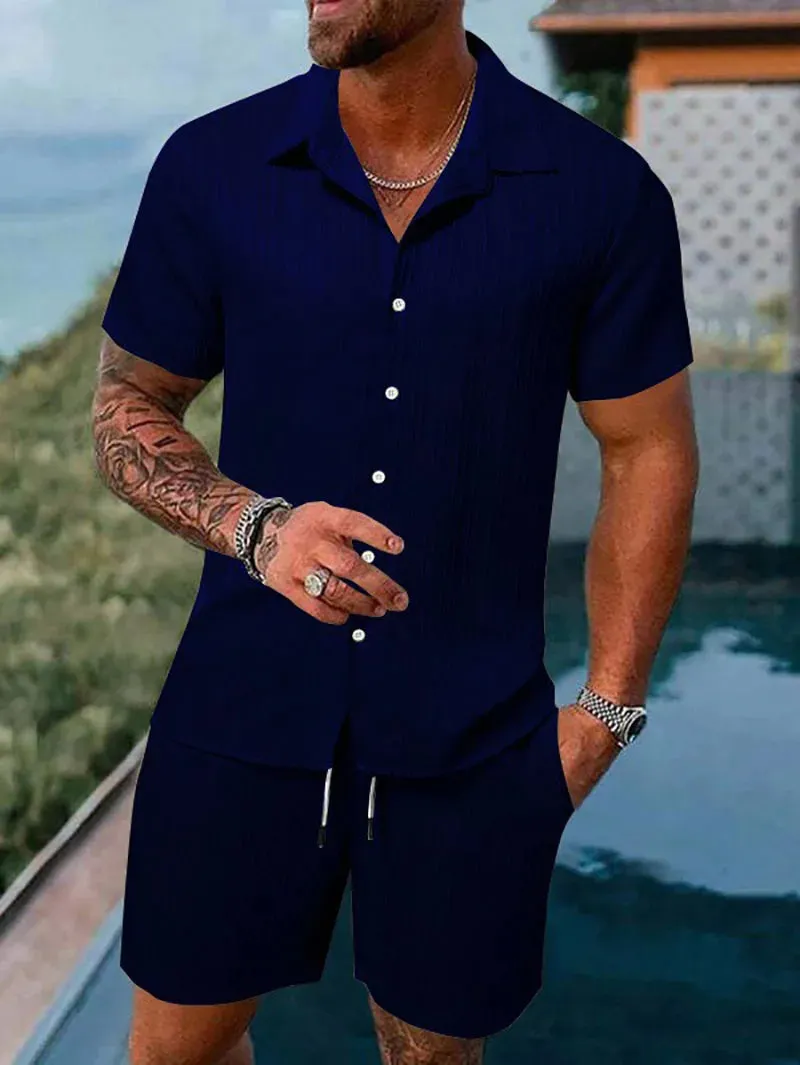 Spring/Summer Men’s Polo Casual Sports Suit with Striped Cardigan & Drawstring Shorts