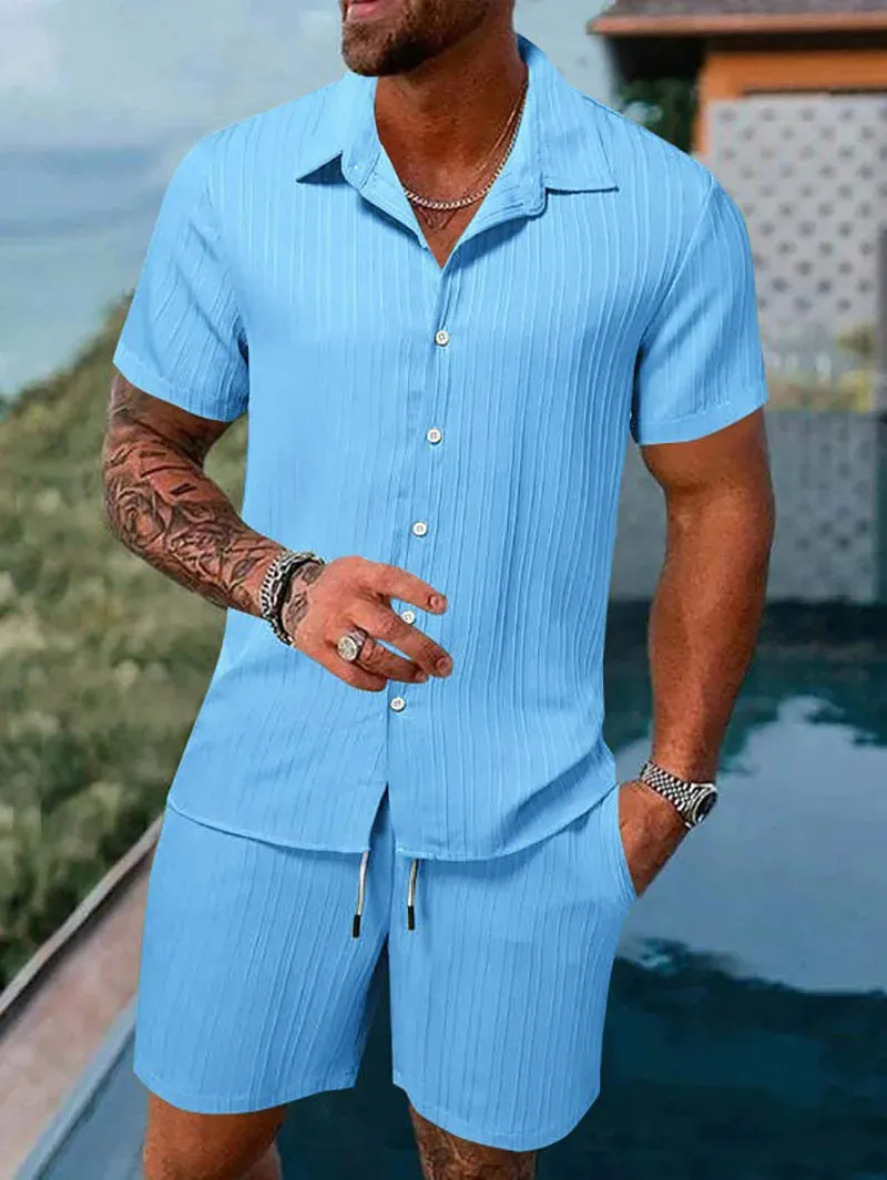 Spring/Summer Men’s Polo Casual Sports Suit with Striped Cardigan & Drawstring Shorts