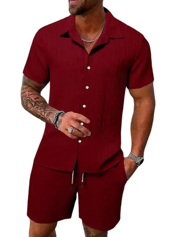 Spring/Summer Men’s Polo Casual Sports Suit with Striped Cardigan & Drawstring Shorts