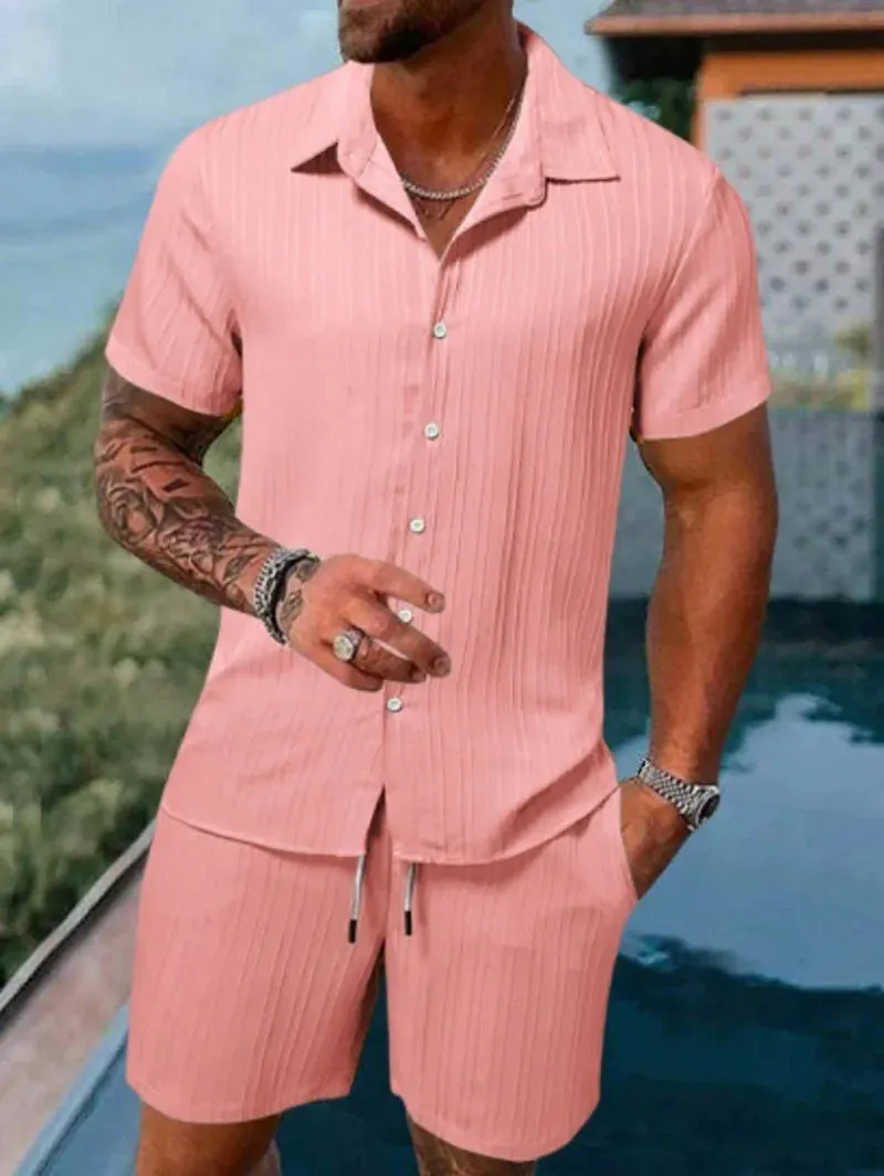 Spring/Summer Men’s Polo Casual Sports Suit with Striped Cardigan & Drawstring Shorts