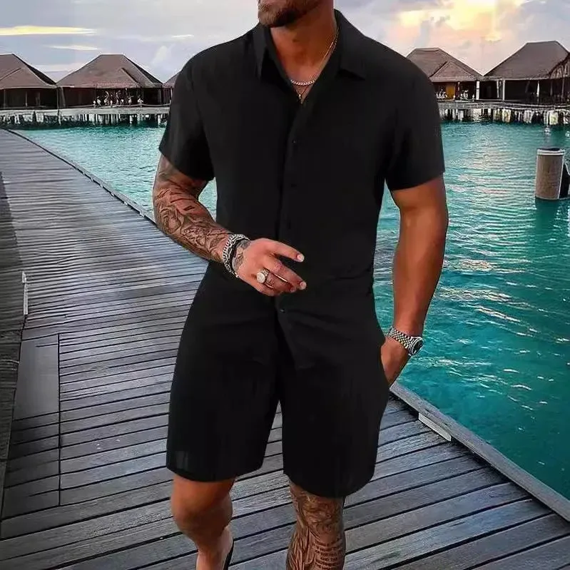 Spring/Summer Men’s Polo Casual Sports Suit with Striped Cardigan & Drawstring Shorts