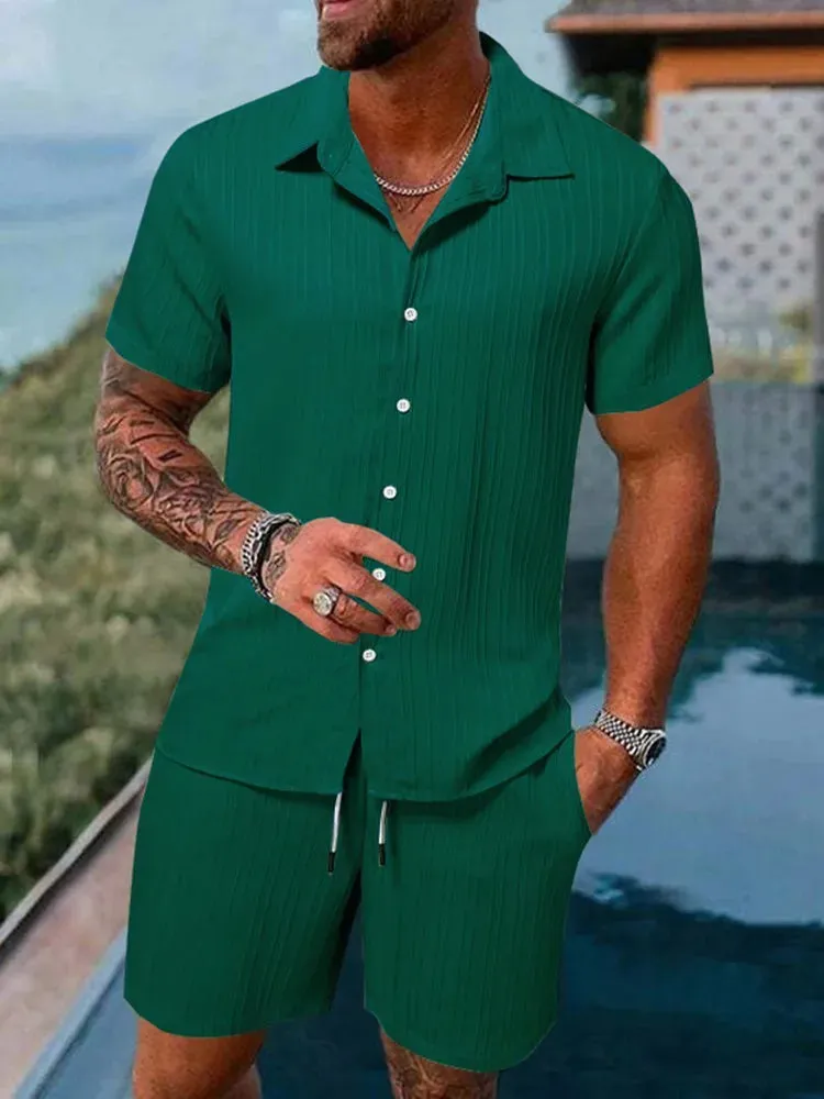 Spring/Summer Men’s Polo Casual Sports Suit with Striped Cardigan & Drawstring Shorts