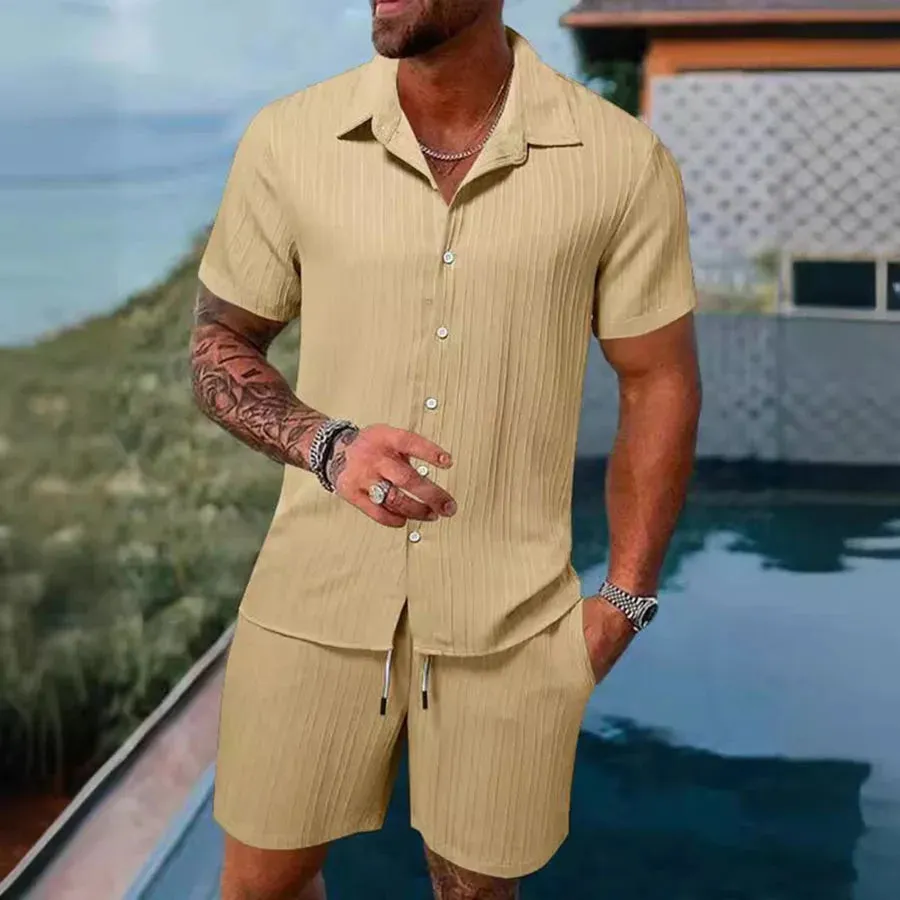 Spring/Summer Men’s Polo Casual Sports Suit with Striped Cardigan & Drawstring Shorts