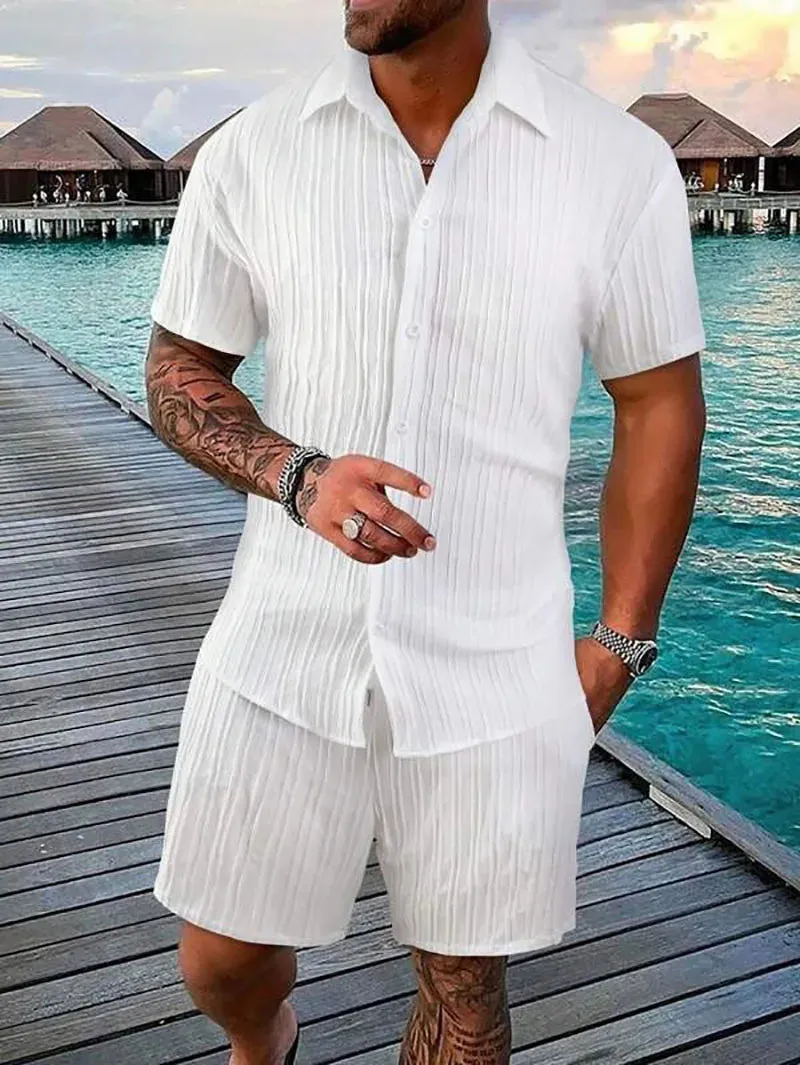 Spring/Summer Men’s Polo Casual Sports Suit with Striped Cardigan & Drawstring Shorts