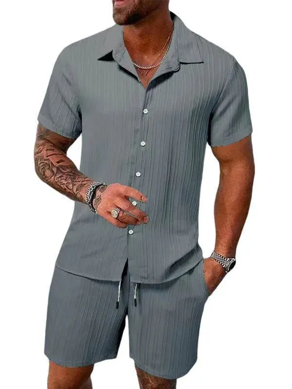 Spring/Summer Men’s Polo Casual Sports Suit with Striped Cardigan & Drawstring Shorts