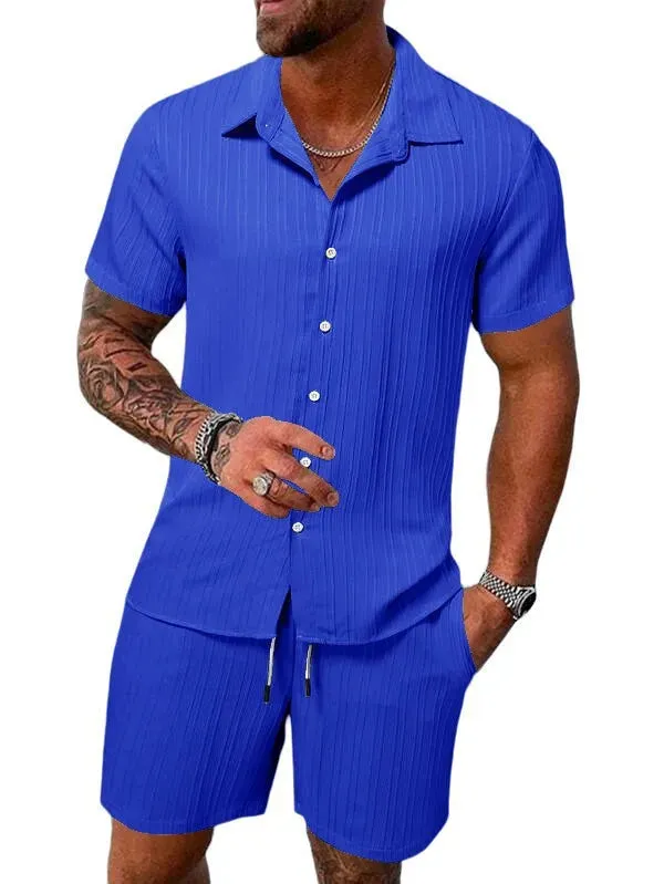 Spring/Summer Men’s Polo Casual Sports Suit with Striped Cardigan & Drawstring Shorts