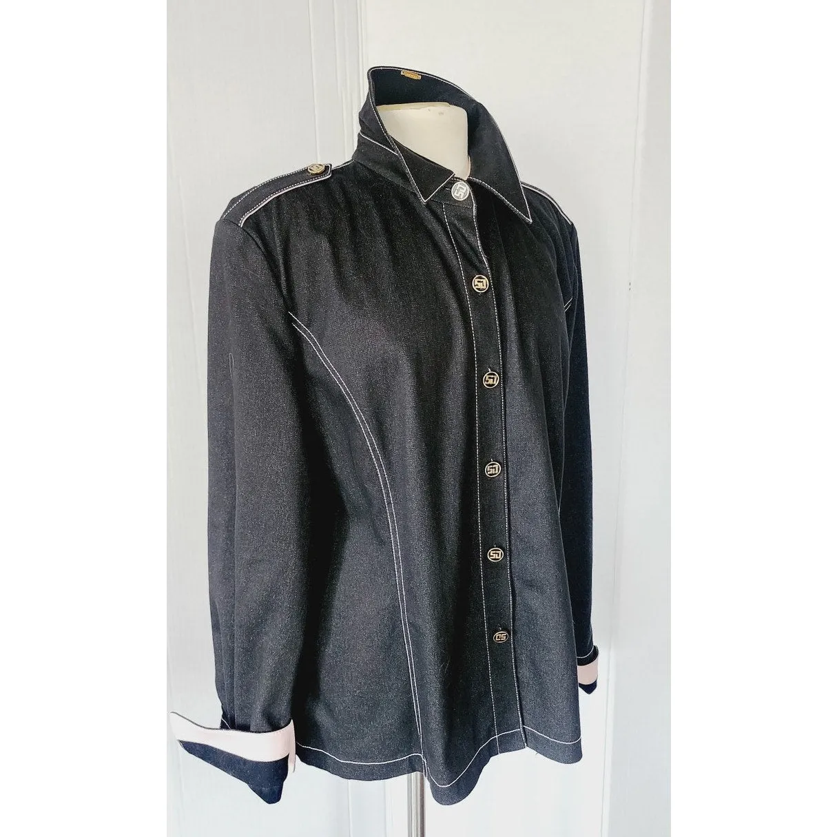 St John Sport Jacket Black Denim Button Down / Large
