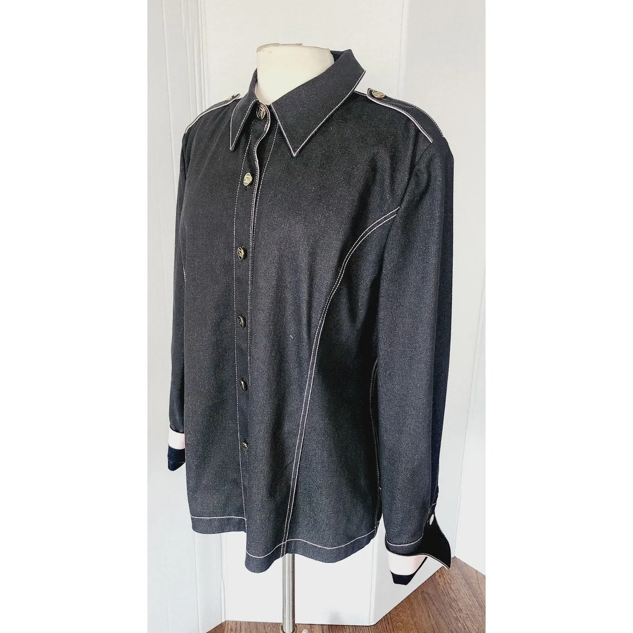 St John Sport Jacket Black Denim Button Down / Large