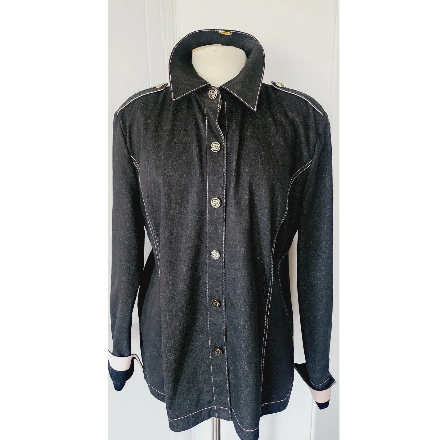 St John Sport Jacket Black Denim Button Down / Large