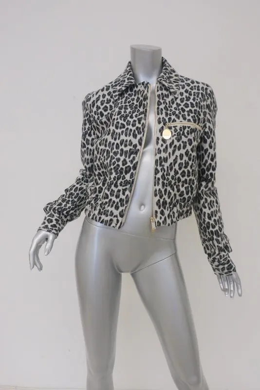 Stella McCartney Leopard Print Bomber Jacket Gray Wool-Blend Size 40