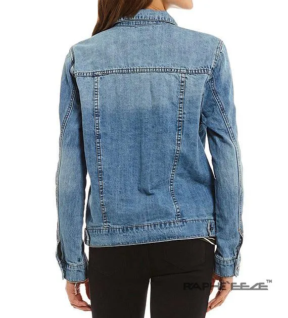 Strong Washed Blue Zipper style Denim Jacket with Long Sleeve for Woman