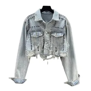 Studded Light Blue Denim Crop Jacket