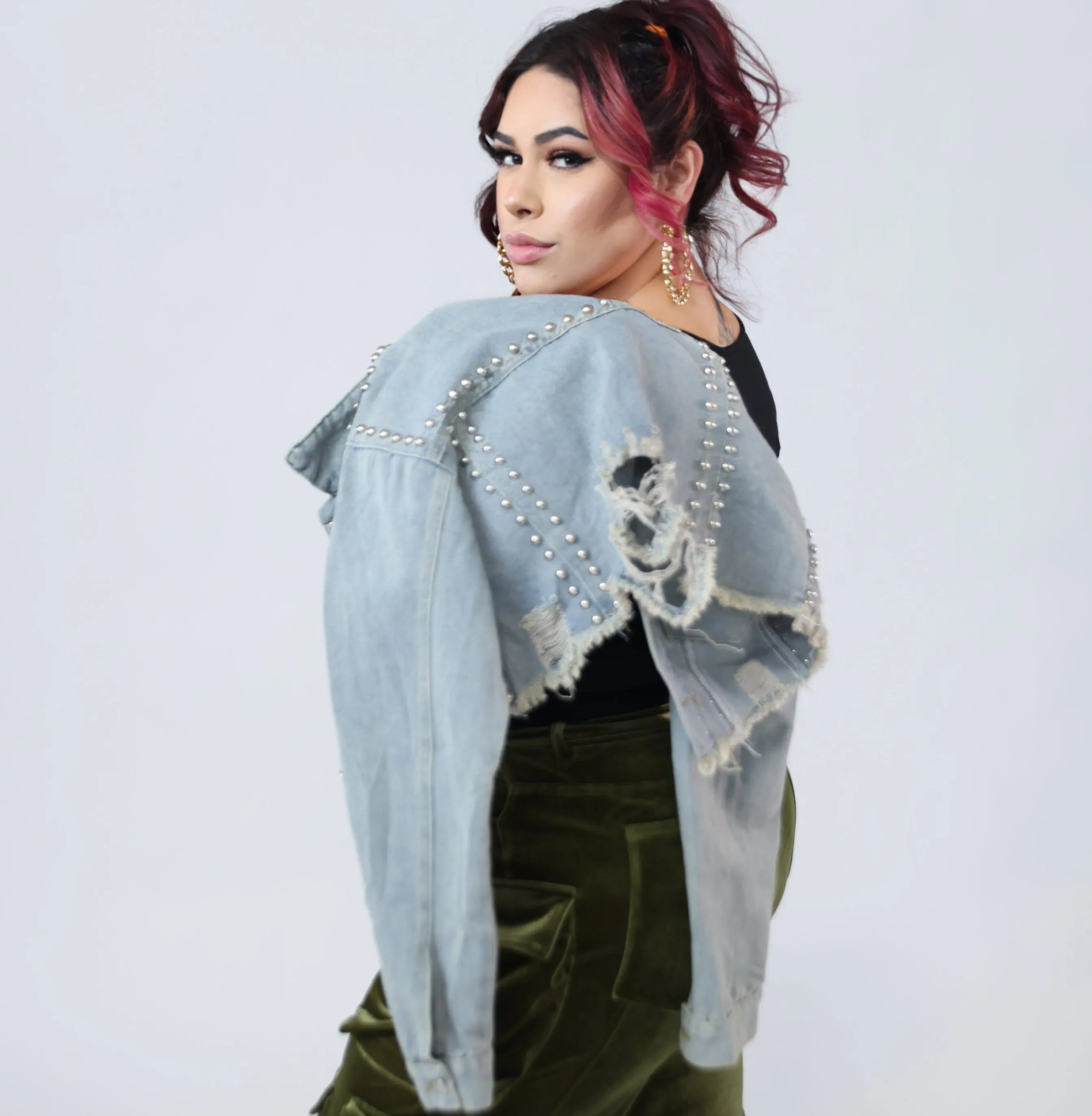 Studded Light Blue Denim Crop Jacket