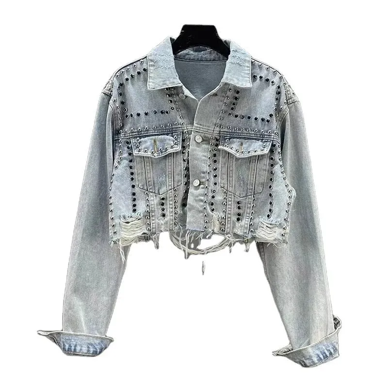 Studded Light Blue Denim Crop Jacket
