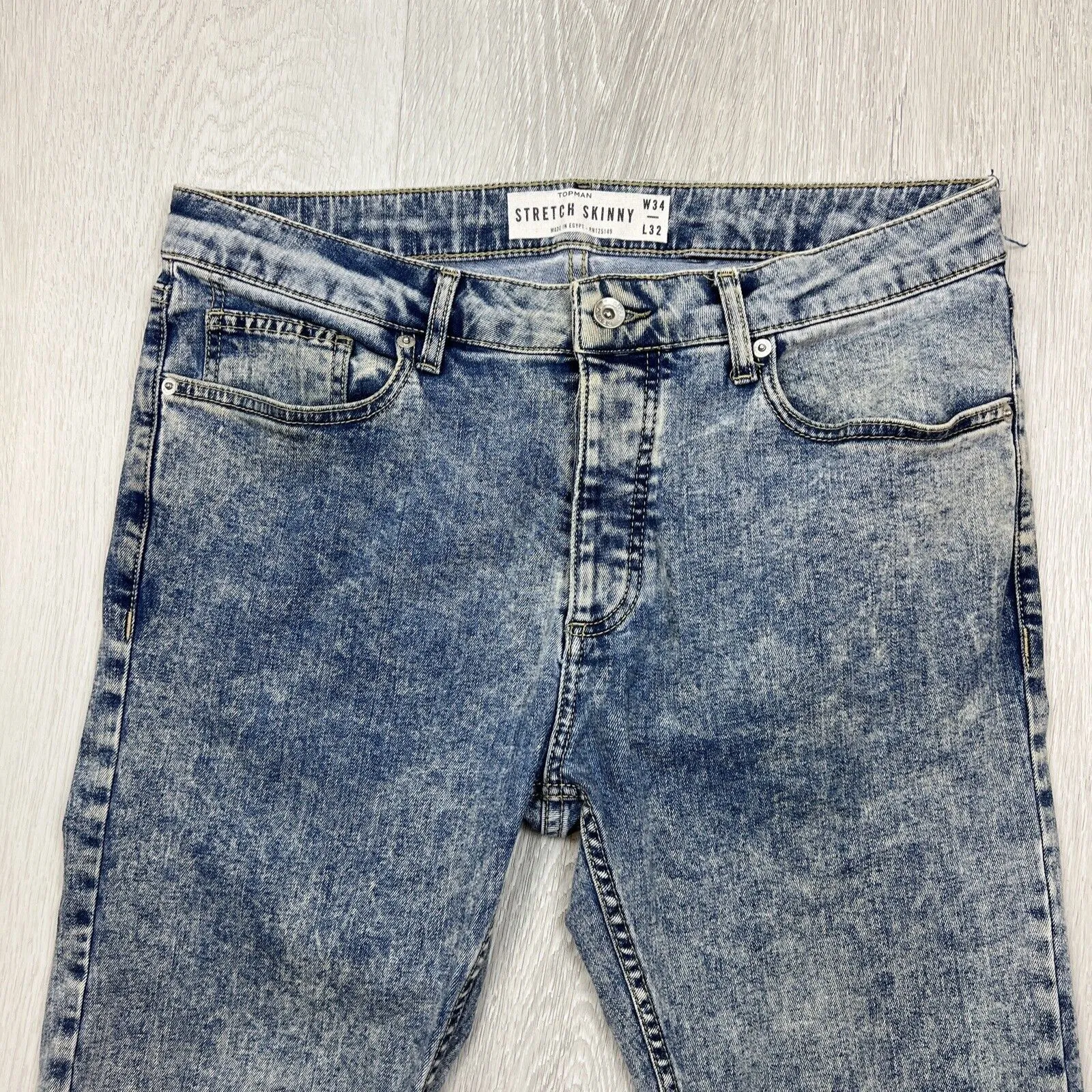 Topman Stretch Skinny Mens Acid Wash Denim Jeans Size 34/32