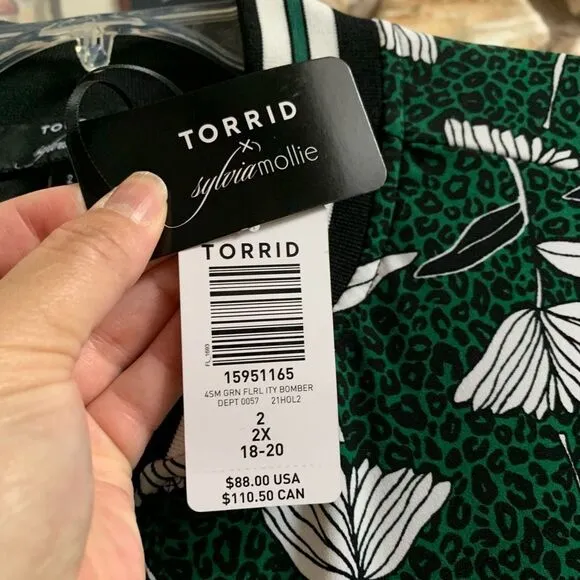 Torrid Sylvia Mollie Bomber - Studio Knit Floral Green size 2
