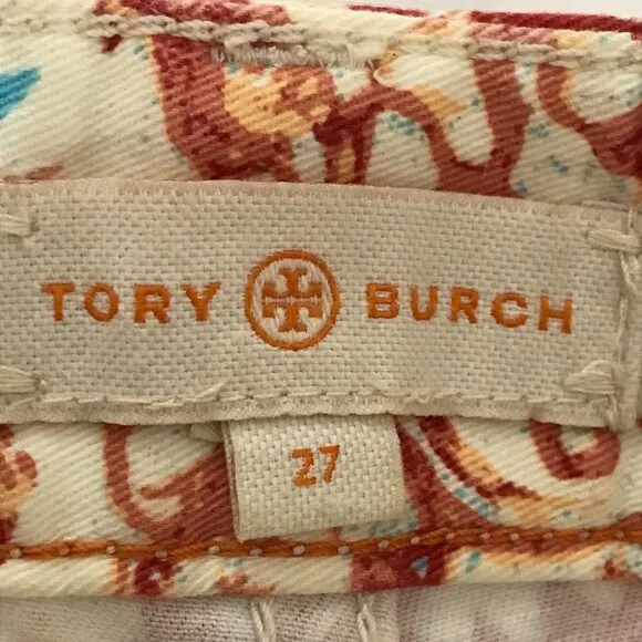 Tory Burch Avery Chino Shorts Women 27 Orange Floral Mid Rise Designer