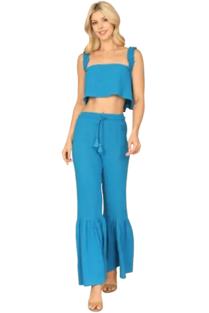 Turquoise Ruffle Strap Flowy Crop Top & Flounce Pants Set - Pack of 5