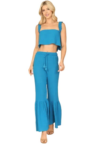 Turquoise Ruffle Strap Flowy Crop Top & Flounce Pants Set - Pack of 5