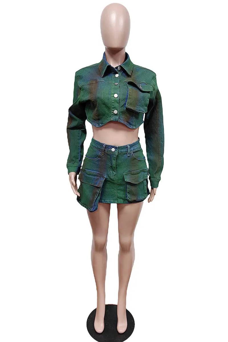 UI714 Tie Dye Denim Shirt and Skirt Set