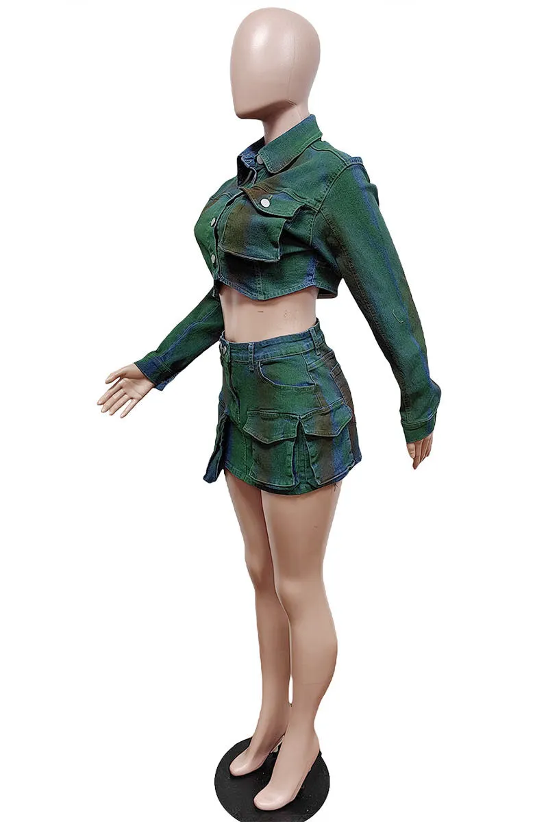 UI714 Tie Dye Denim Shirt and Skirt Set