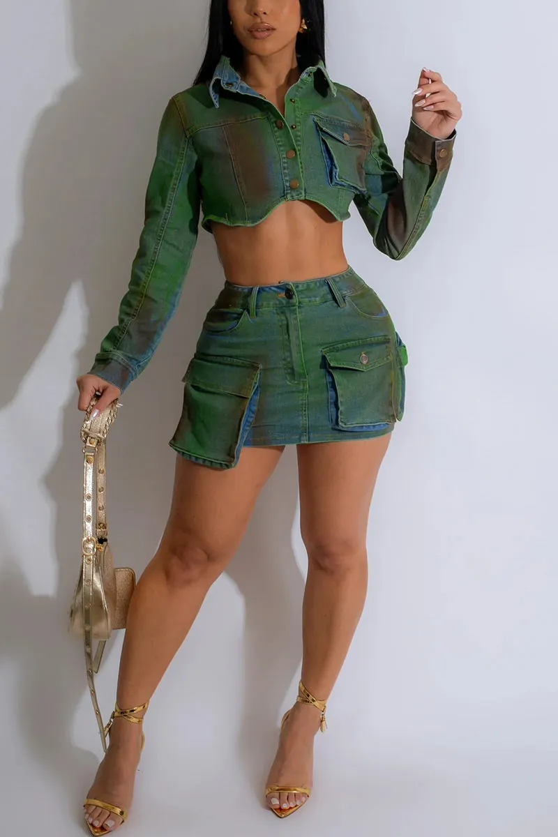 UI714 Tie Dye Denim Shirt and Skirt Set