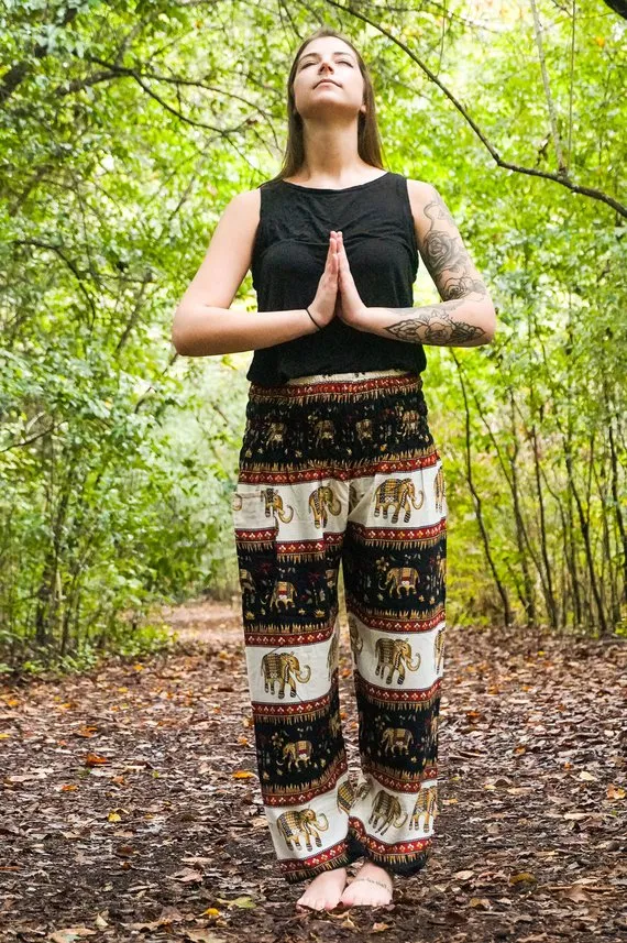 Unisex Bohemian Elephant Striped Harem Pants- Black/White