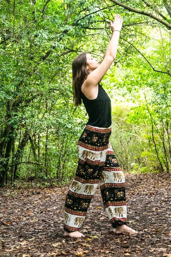 Unisex Bohemian Elephant Striped Harem Pants- Black/White