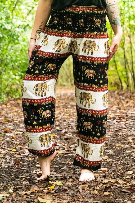 Unisex Bohemian Elephant Striped Harem Pants- Black/White