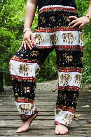 Unisex Bohemian Elephant Striped Harem Pants- Black/White