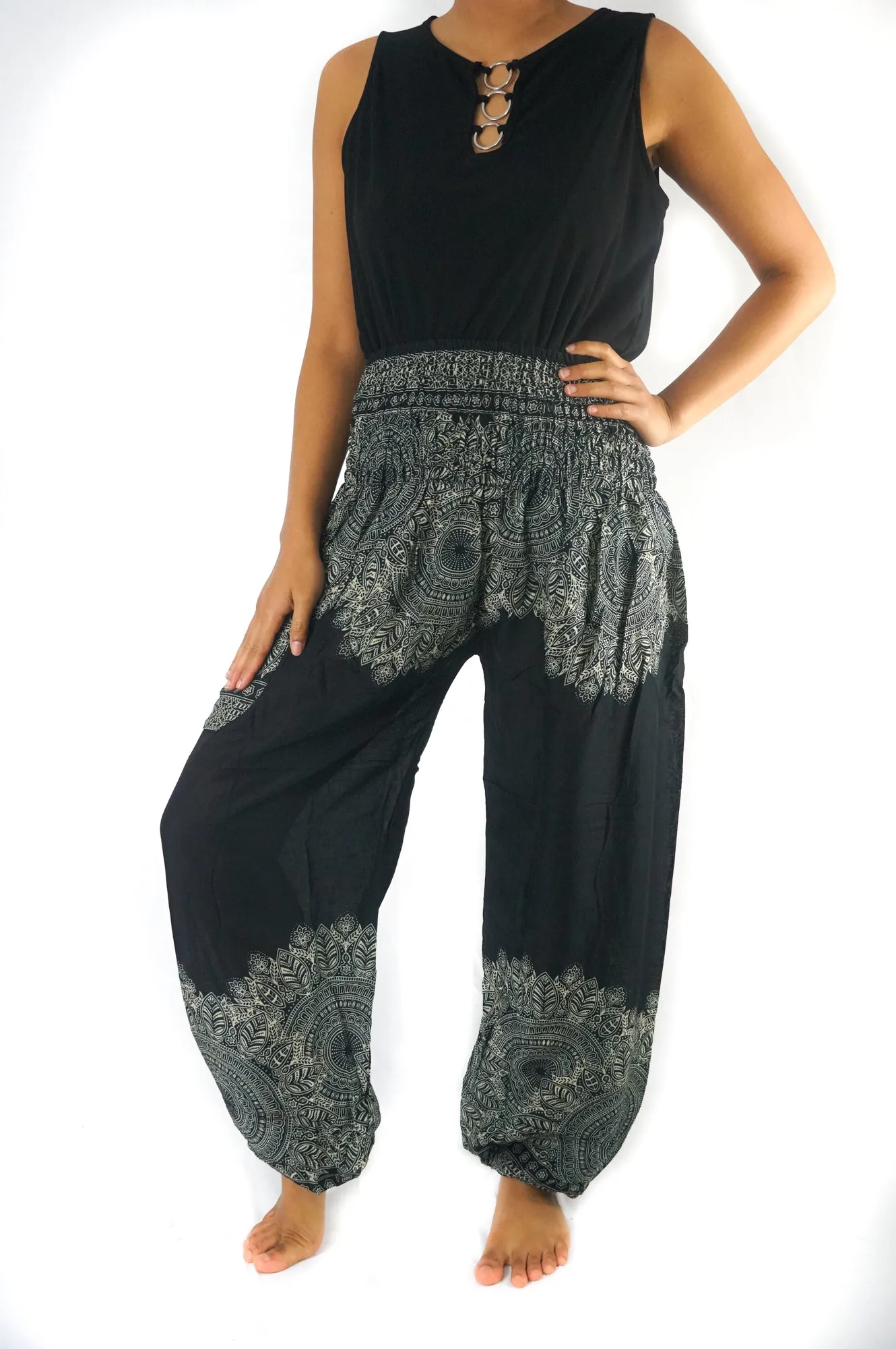Unisex Bohemian Floral Scroll Harem Pants- Black