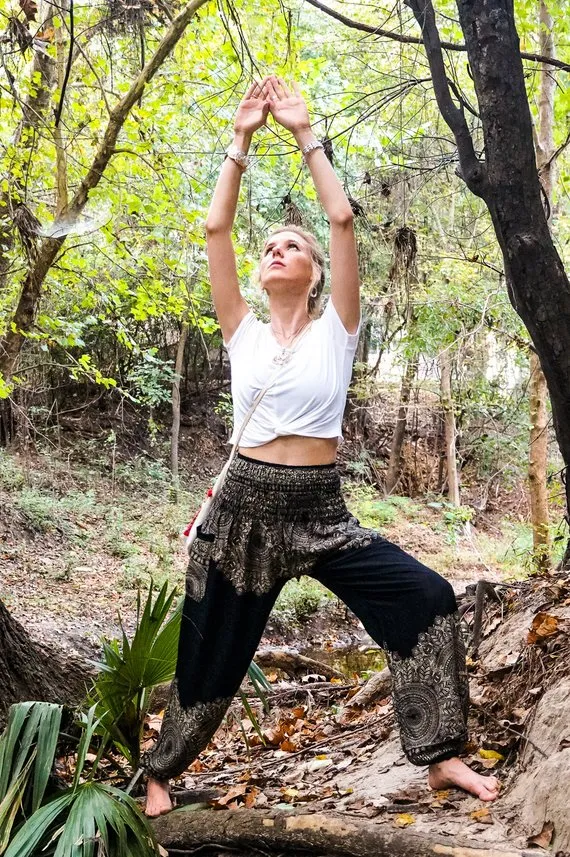 Unisex Bohemian Floral Scroll Harem Pants- Black