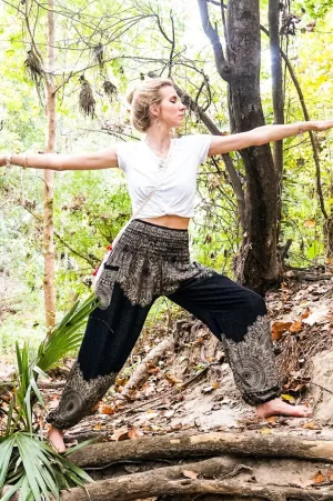 Unisex Bohemian Floral Scroll Harem Pants- Black